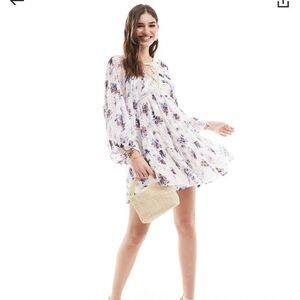 White and Purple Mini Sundress with Bishop Sleeves